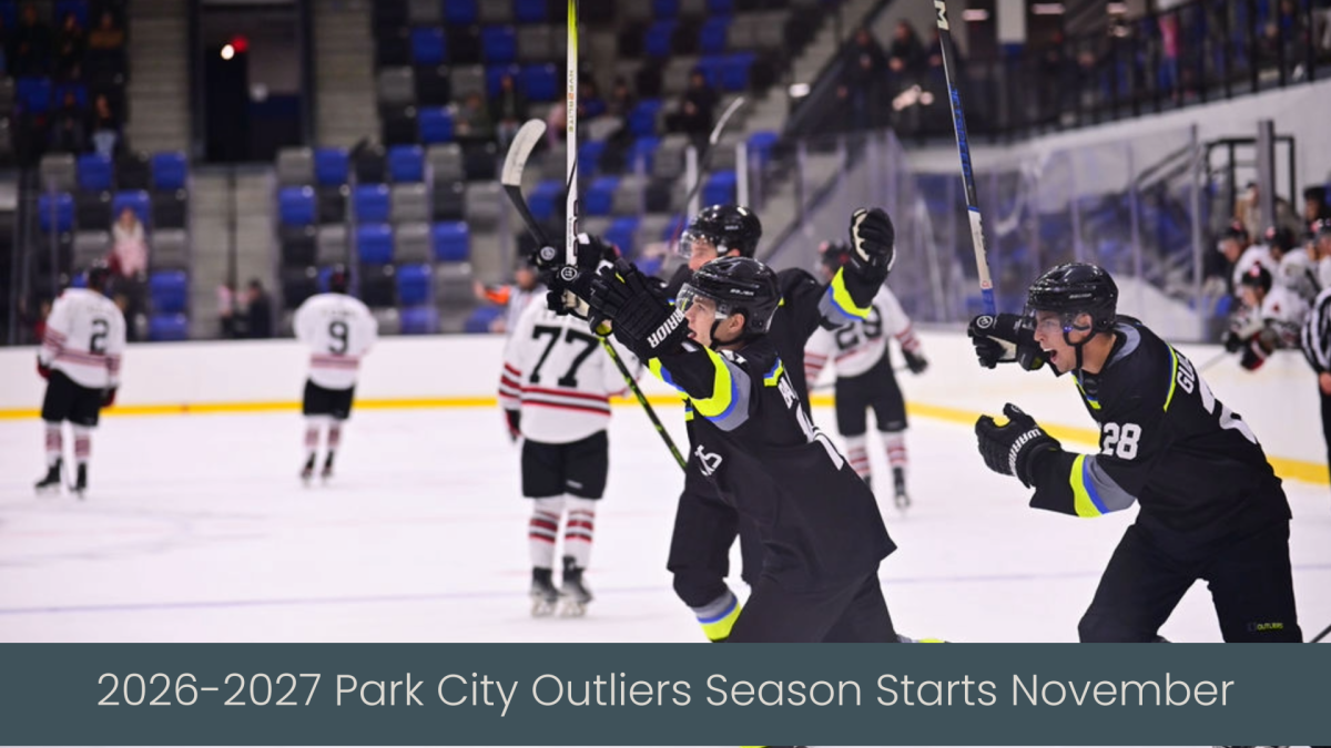 Hockey players celebrate on ice after a game, with fans in the stands behind them, as the 2026-2027 Park City Outliers season begins.