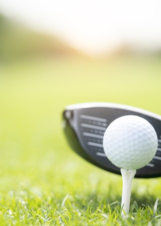 A golf club and tee with a golf ball on a lush green course during sunset.