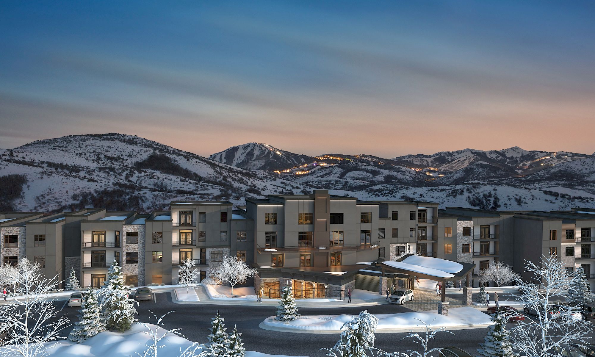 The image shows a modern building complex surrounded by snow-covered trees and mountains at dusk, with a serene, wintry atmosphere completed.