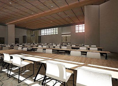 The image shows an empty, modern conference room with long tables and rows of chairs, under a wooden ceiling with overhead lighting and large windows.