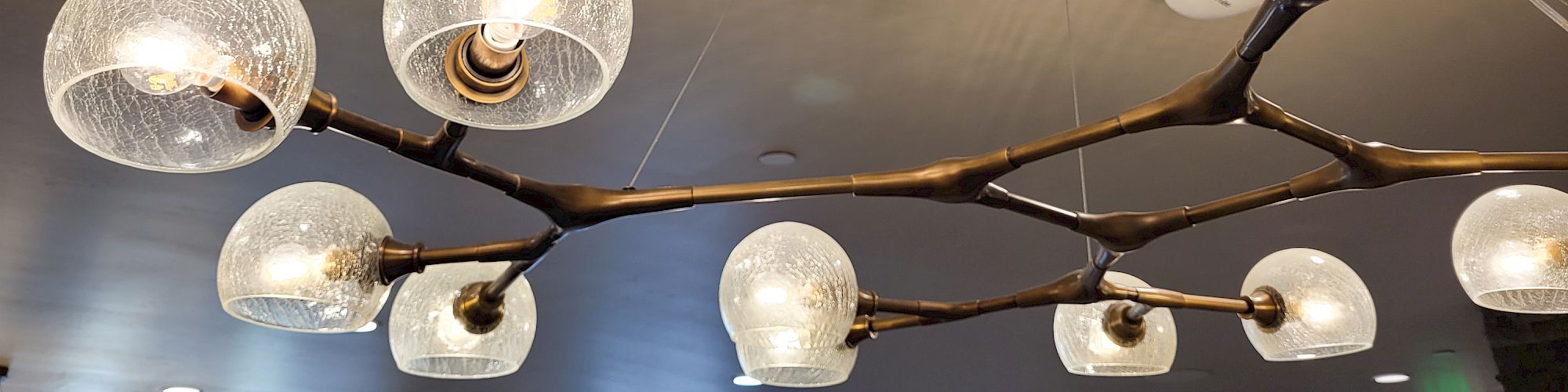 The image shows a decorative ceiling light fixture with multiple globes containing light bulbs, resembling a modern and artistic design.