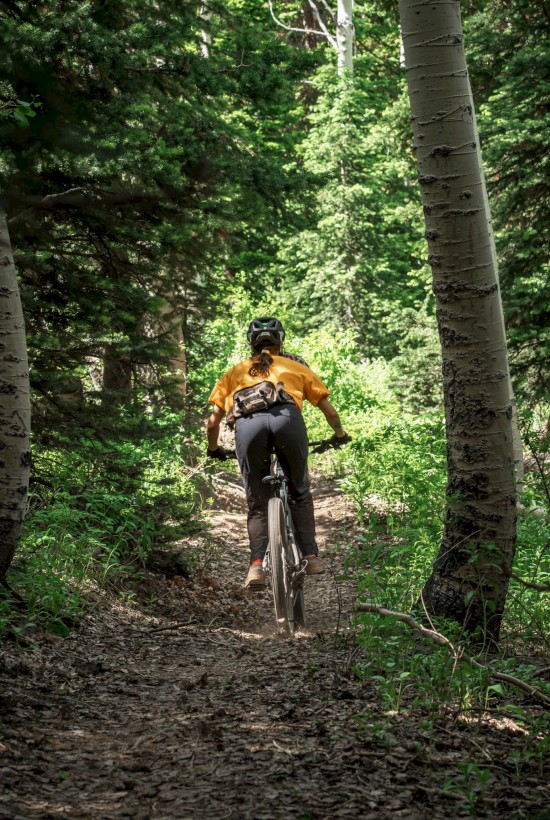 A person in an orange shirt mountain biking through a lush, green forest on a narrow dirt trail.