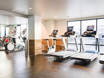 The image shows a modern gym with treadmills, stationary bikes, and other exercise equipment near large windows with a view outside.