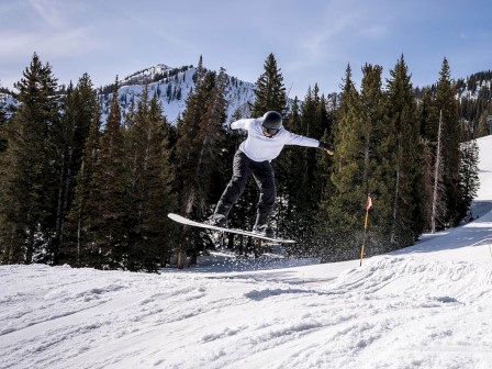 A person in a white jacket is performing a jump on a snowboard in a snowy, forested mountainous area on a clear day.