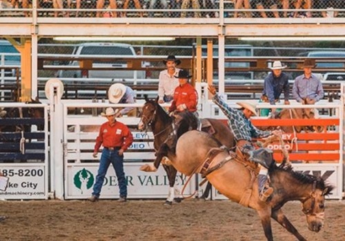 A rider is competing in a rodeo event, holding on to a bucking horse. Several other people watch from the fence and stands, ending the sentence.