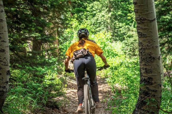 A person riding a mountain bike through a forest trail surrounded by lush green trees.