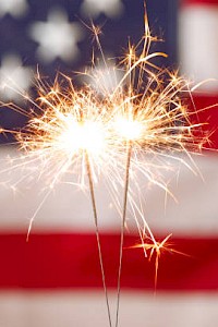The image shows two sparklers lit in front of a blurred American flag in the background.