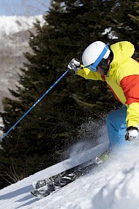 A skier in a yellow and red jacket and blue pants is descending a snowy slope with trees and mountains in the background.