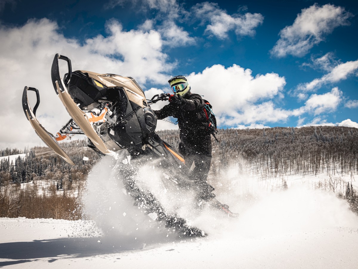 A person is riding a snowmobile, lifting the front in the air, amidst a snowy landscape with trees and mountains under a partly cloudy blue sky.