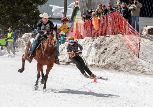 A horse is racing through snow, towing a skier behind. Spectators watch the action near orange safety netting and snow banks.