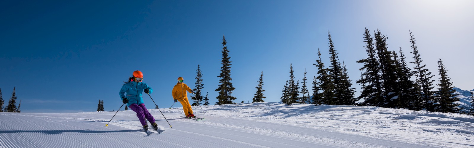 Two skiers descend a groomed snowy slope under a bright blue sky, with pine trees lining the ridge and sunlight streaming in from the right.