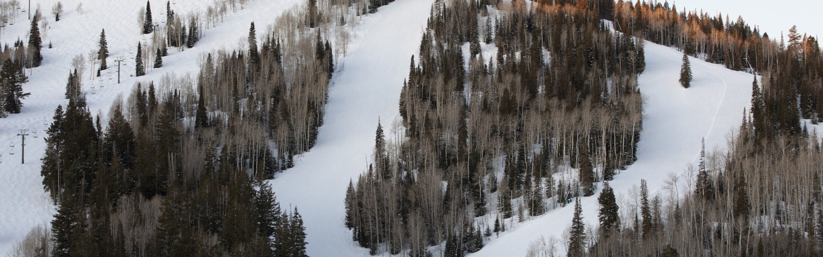 A snowy mountain with ski slopes and chairlifts, surrounded by pine trees, under a clear sky.
