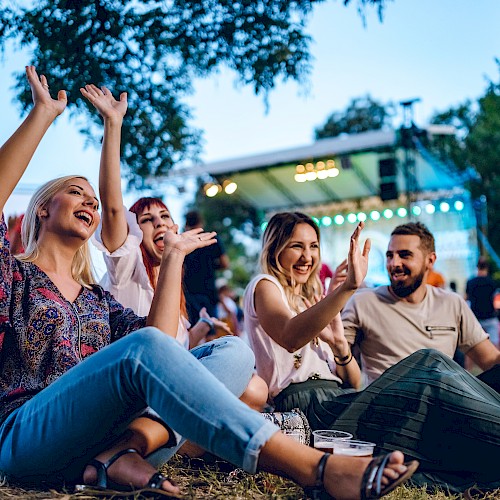 A group of people sit on the grass, enjoying a festival atmosphere with raised hands and smiles, stage lights visible in the background.