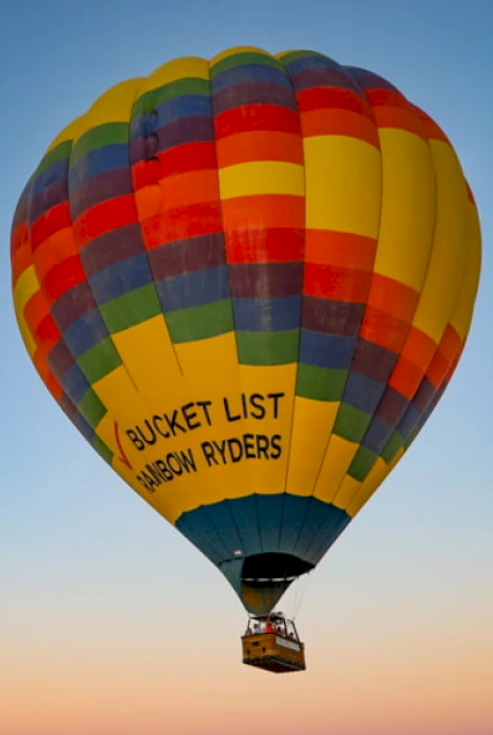 A colorful hot air balloon with the text 