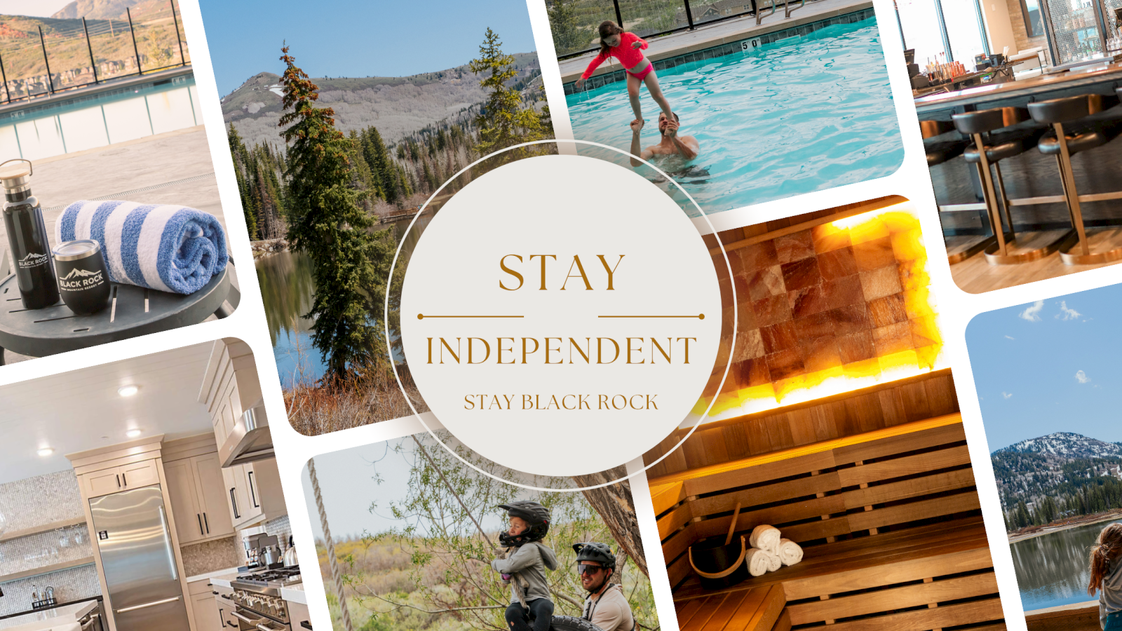 A collage of outdoor and indoor activities, dining, and relaxation, centered around the text: 