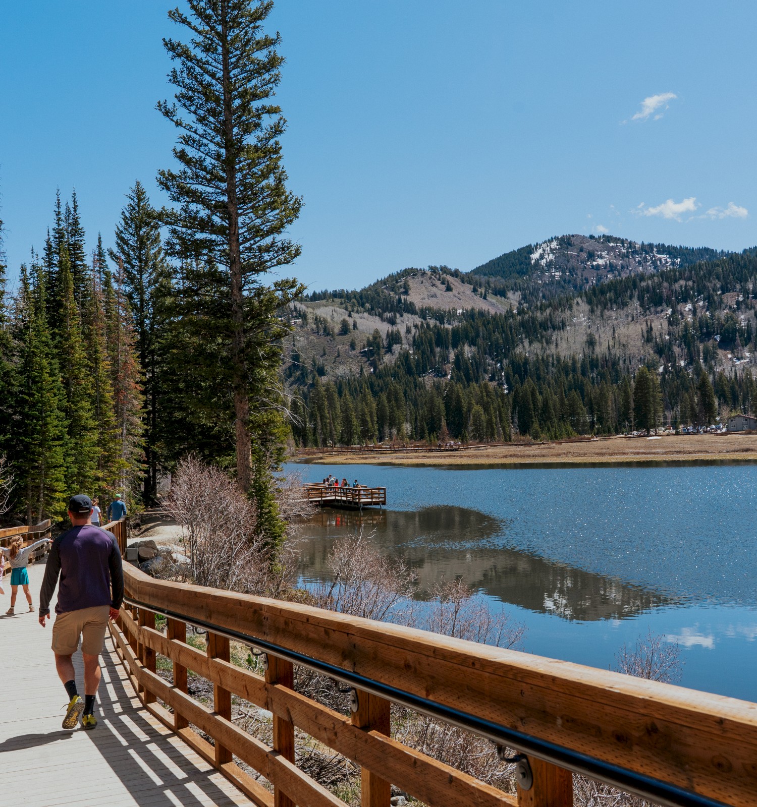 A group walks along a wooden path beside a lake, surrounded by trees and mountains under a clear blue sky.