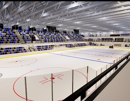 The image shows an empty indoor ice hockey arena with blue and white seats, surrounded by glass barriers under a ceiling with beams.