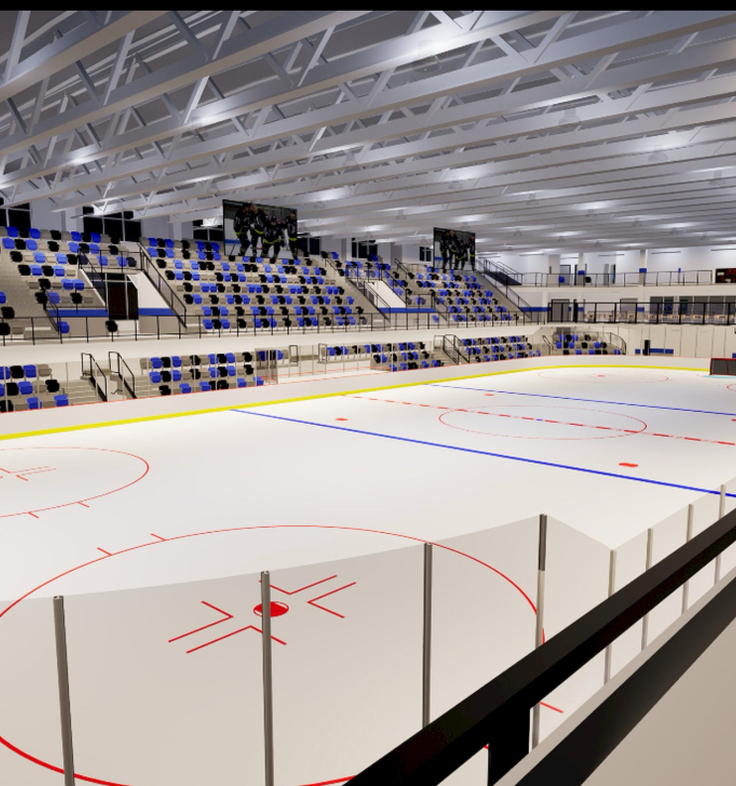 The image shows an empty indoor ice hockey rink with seating areas, overhead lights, and a clear view of the rink's red and blue markings.