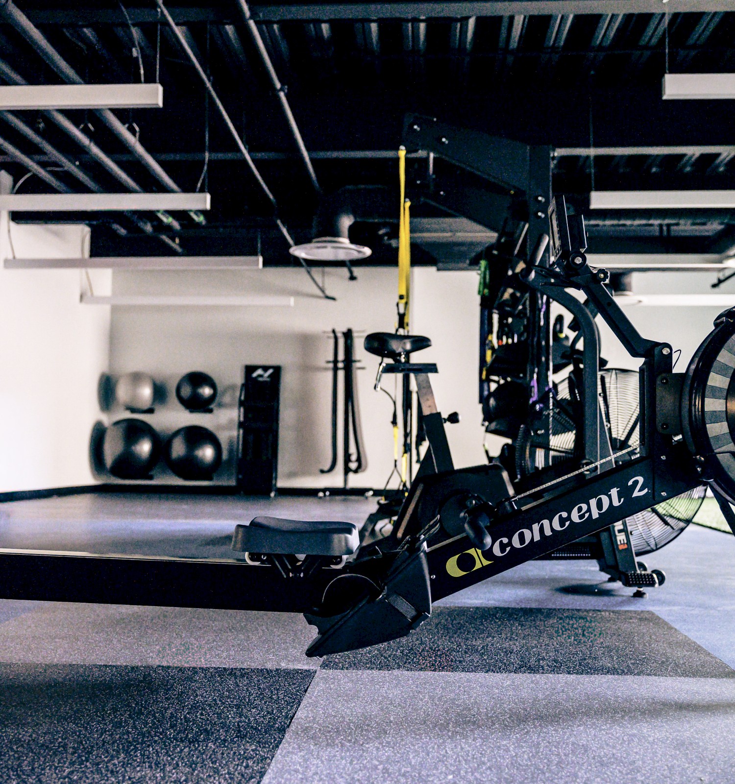 This is an image of a modern gym featuring a rowing machine, medicine balls on the wall, and resistance bands for workouts.