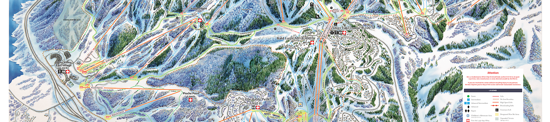 This image is a trail map of a ski resort, showing various ski slopes, lifts, and terrain features in a snowy mountainous area.