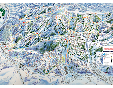 This image is a trail map of a ski resort, showing various ski slopes, lifts, and terrain features in a snowy mountainous area.