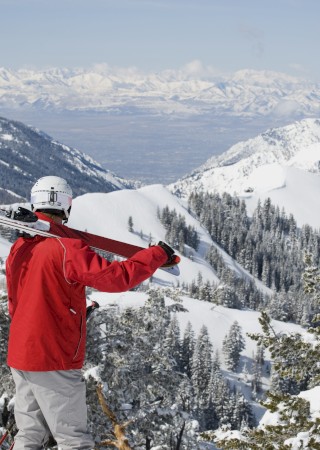 A skier in a red jacket holds skis, overlooking a snowy mountain landscape with a clear blue sky.