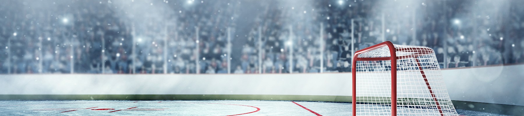 An empty ice hockey rink under bright lights, featuring a goalpost and an audience in the background.