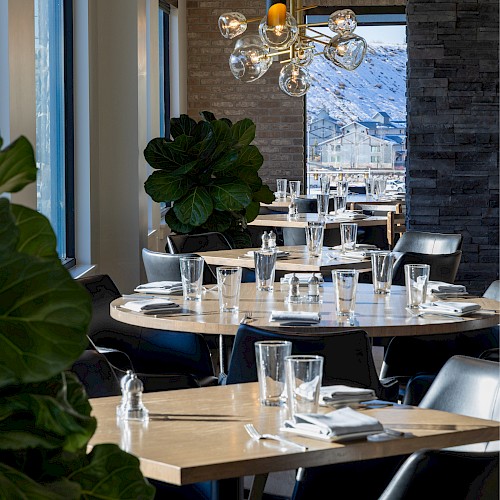 A stylish, sunlit restaurant with modern wooden tables set for dinner, glassware, plants, and a scenic mountain view through large windows. End sentence.