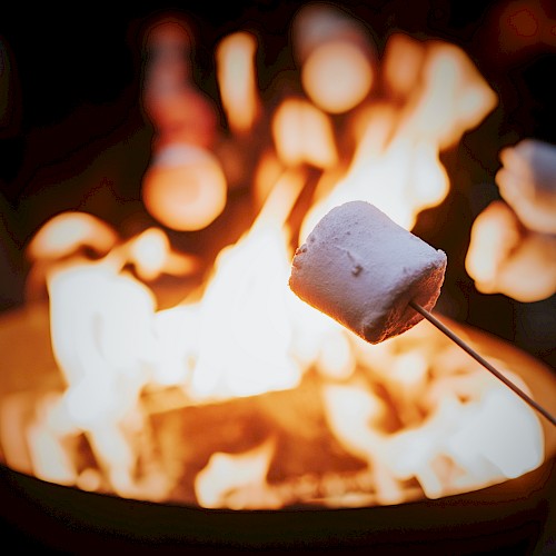 Toasted marshmallows roasting over a campfire, warm glow and blurred background, cozy outdoor dessert vibes.