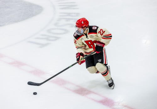 A hockey player in jersey number 22, wearing a red helmet, controls the puck on the ice rink.